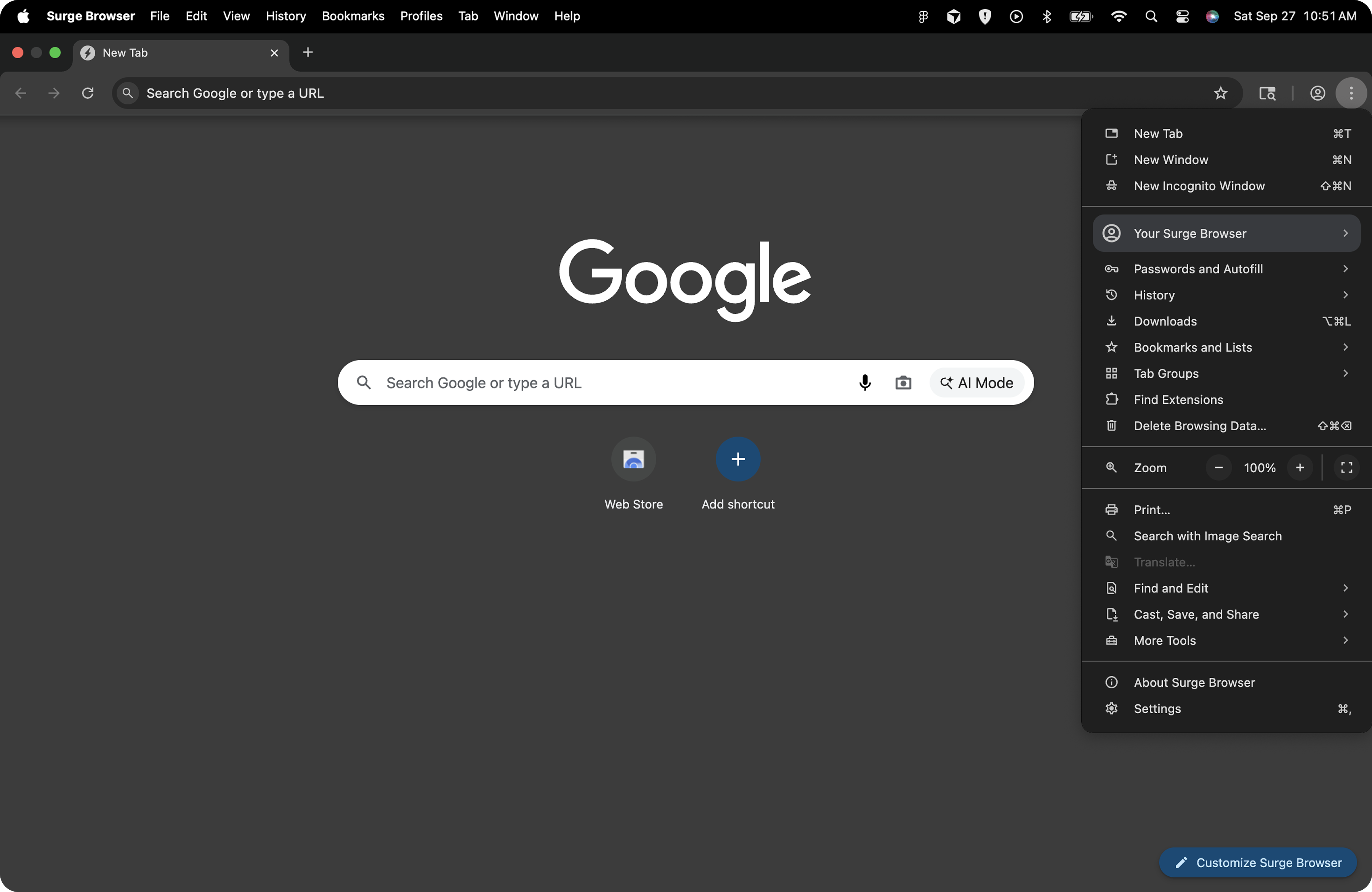 New tab with profile menu preview